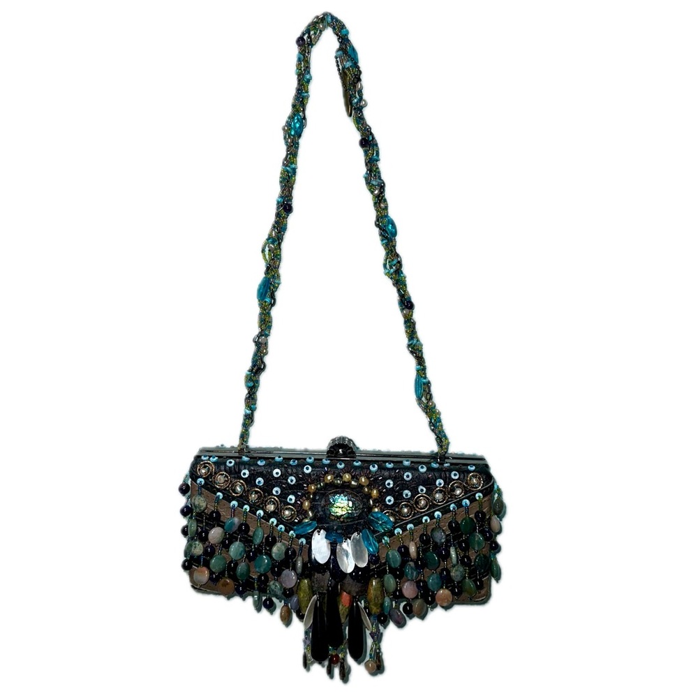 Mary Frances Green Leather Abalone Dangling Beaded Clutch Purse